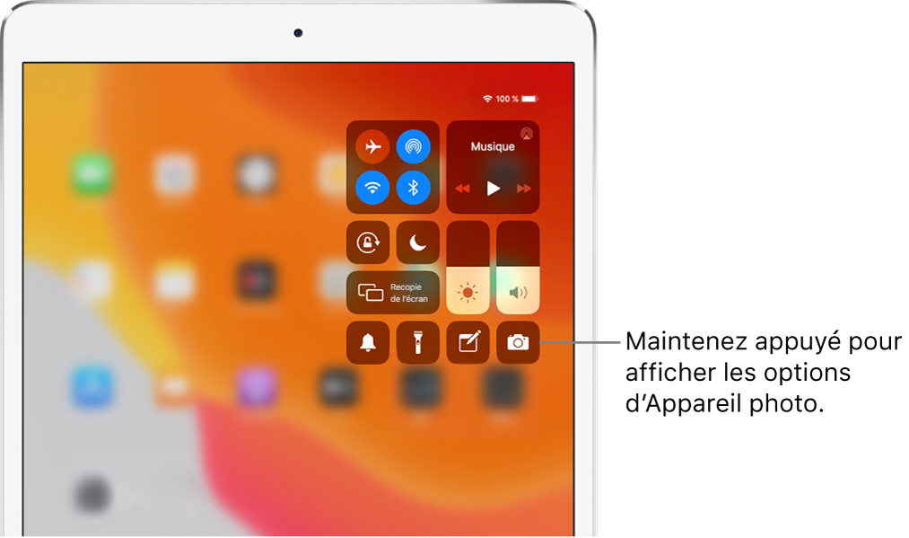 Commandes associées au mode Avion, aux données cellulaires, au Wi-Fi et au Bluetooth dans le groupe en haut à gauche du Centre de contrôle pour les modèles d’iPad Wi-Fi + Cellular. Une légende relative à la commande Appareil photo indique de toucher l’icône Appareil photo (en bas à droite) et de maintenir le doigt dessus pour afficher plus d’options liées à l’appareil photo.