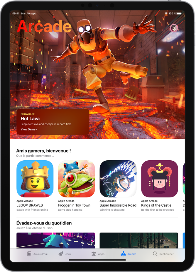 L’écran Arcade de l’App Store montrant un jeu recommandé ainsi que d’autres recommandations. Votre photo de profil, que vous touchez pour afficher les achats et gérer les abonnements, se trouve en haut à droite. En bas de l’écran, de gauche à droite, se trouvent les onglets Aujourd’hui, Jeux, Apps, Arcade et Rechercher.