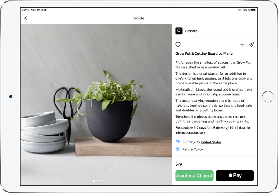 Une app affichant la page d’un produit avec le bouton « Acheter avec Apple Pay ».