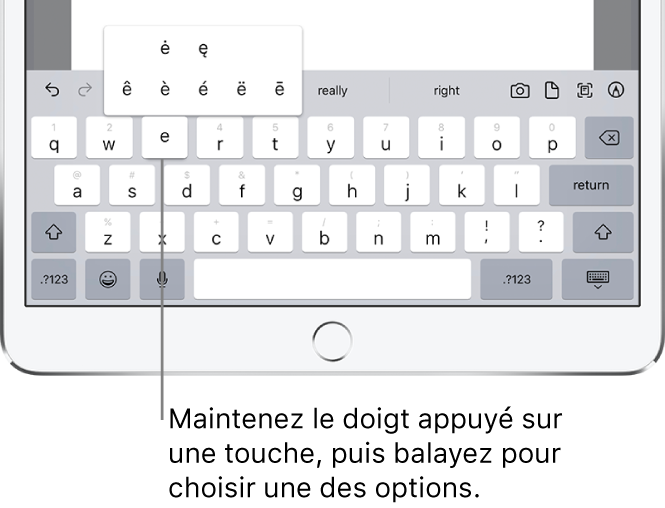 Écran affichant les caractères accentués secondaires pour la touche « e ».