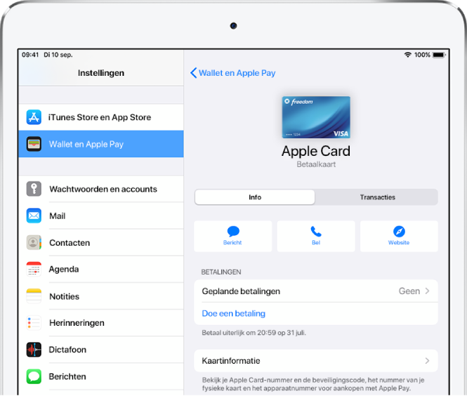 Scherm met details van de Apple Cash-kaart, met rechtsbovenin het saldo.