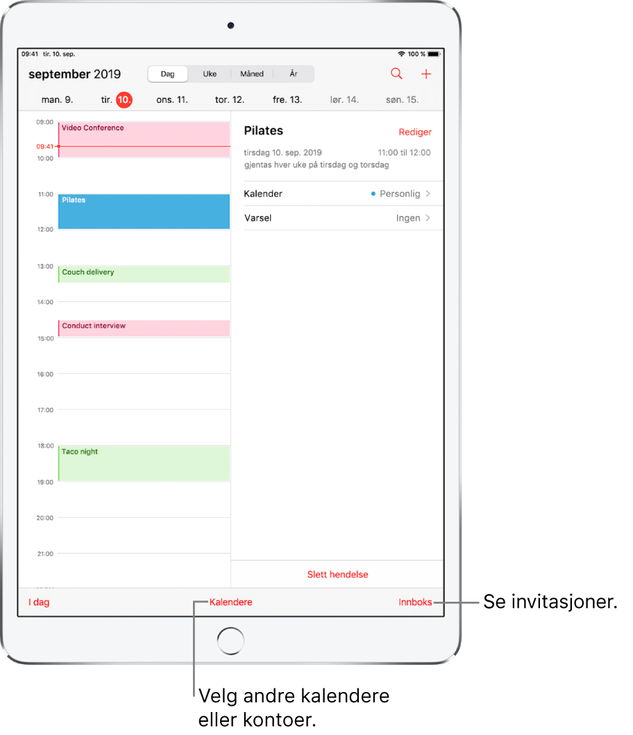 Kalender i dagsvisning. Trykk på knappene øverst for å bytte visning mellom Dag, Uke, Måned og År. Trykk på Kalendere-knappen nederst for å bytte kalender eller konto. Trykk på Innboks-knappen nede til høyre for å se invitasjoner.