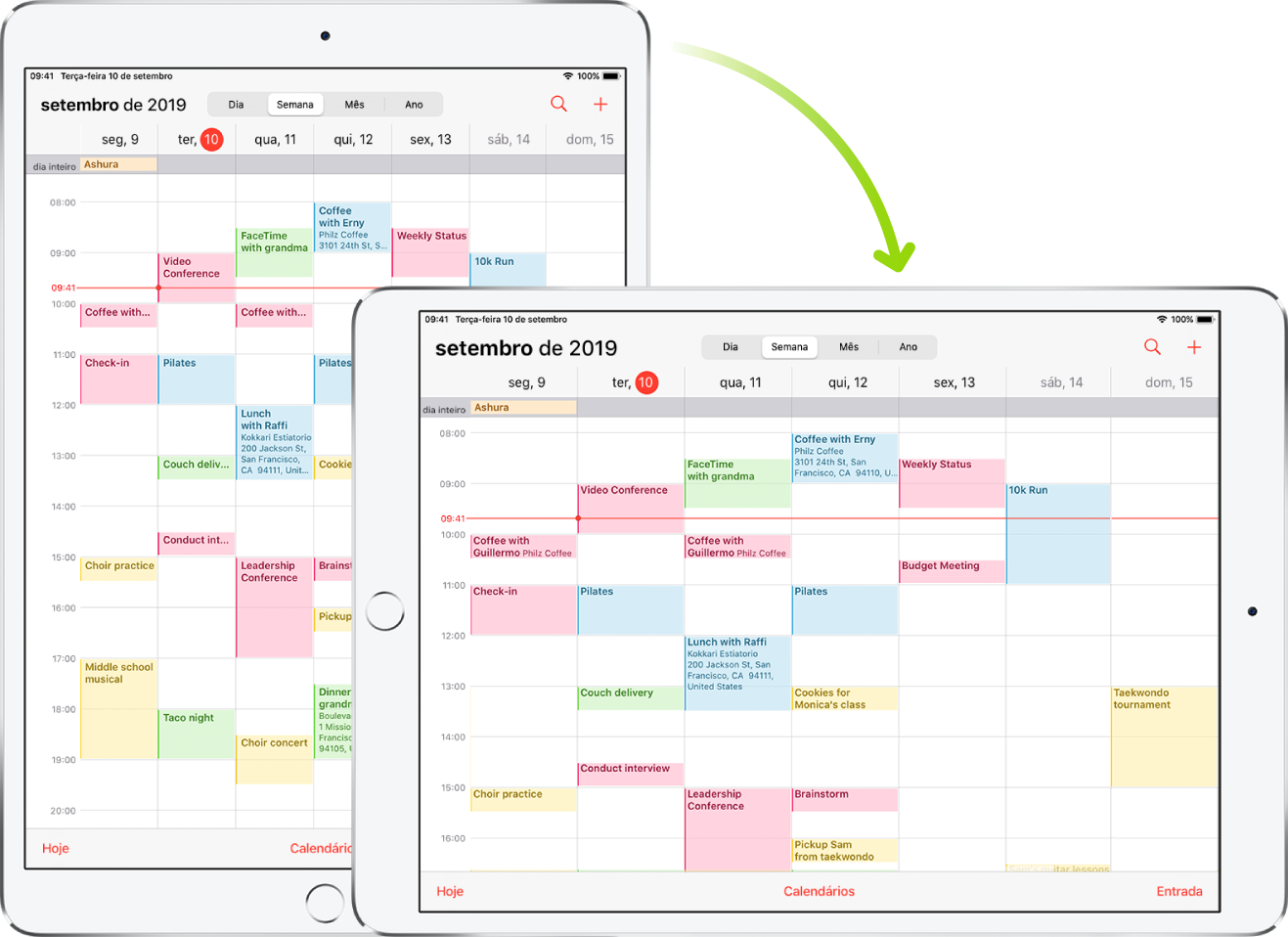 Em segundo plano, um iPad mostra uma tela do Calendário na orientação vertical; em primeiro plano, o iPad encontra-se girado e mostra a tela do Calendário na orientação horizontal.