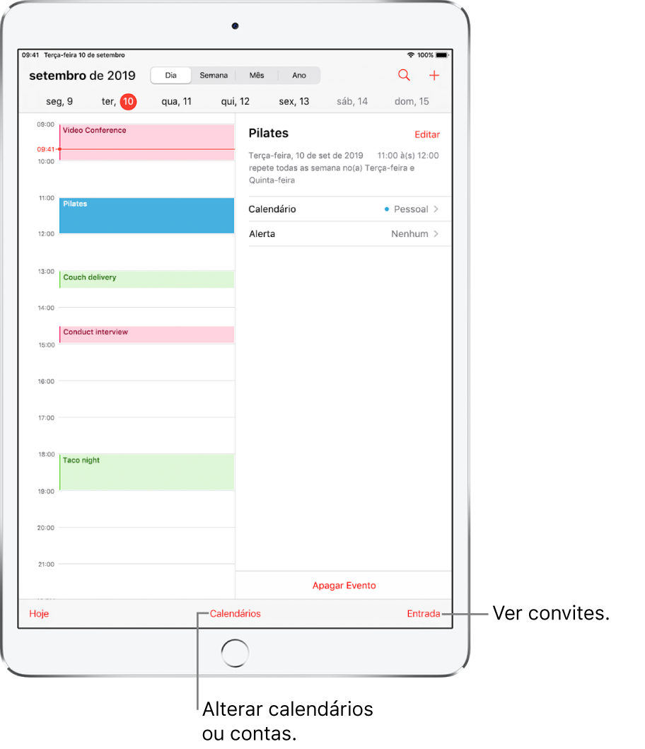 Um calendário com a visualização de um dia. Toque nos botões na parte superior para alternar a visualização entre Dia, Semana, Mês e Ano. Toque no botão Calendários, na parte inferior, para alterar calendários ou contas. Toque no botão Entrada, localizado no canto inferior direito, para ver convites.