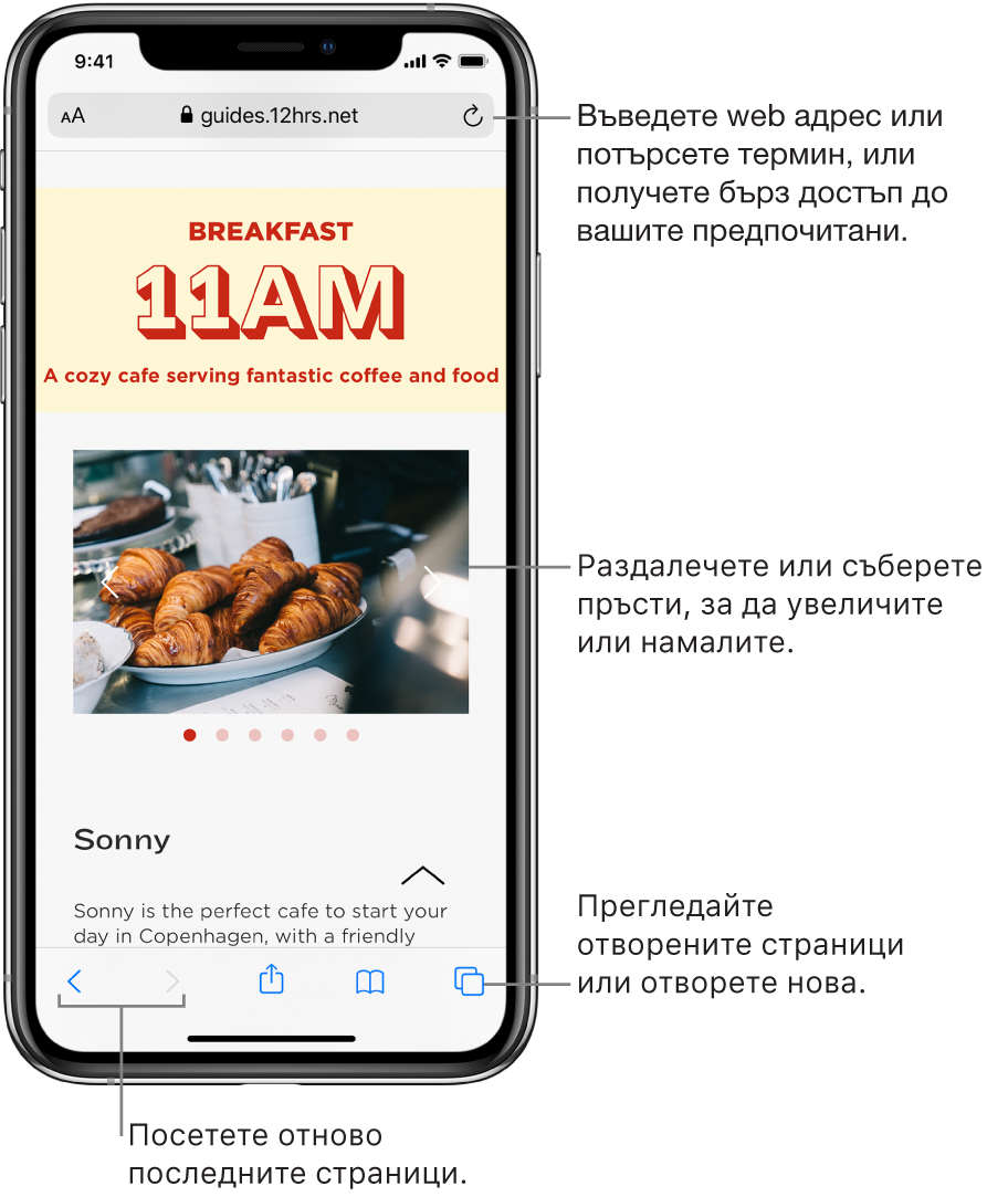 Web сайт, отворен в прозорец на Safari, с полето за адтреса в горния край. В долния край, отляво надясно са бутоните Back (Назад), Forward (Напред), Share (Споделяне), Bookmarks (Отметки) и Pages (Страници).