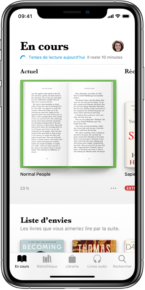 L’écran « En cours » dans l’app Livres. En bas de l’écran se trouvent, de gauche à droite, les onglets En cours, Bibliothèque, Librairie, Livres audio et Rechercher.
