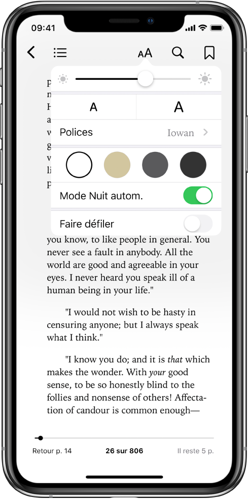 Le menu Apparence affichant, de haut en bas, les commandes relatives à la luminosité, à la taille de la police, au style de la police, à la couleur de la page, au mode Nuit automatique et à la présentation en défilement.