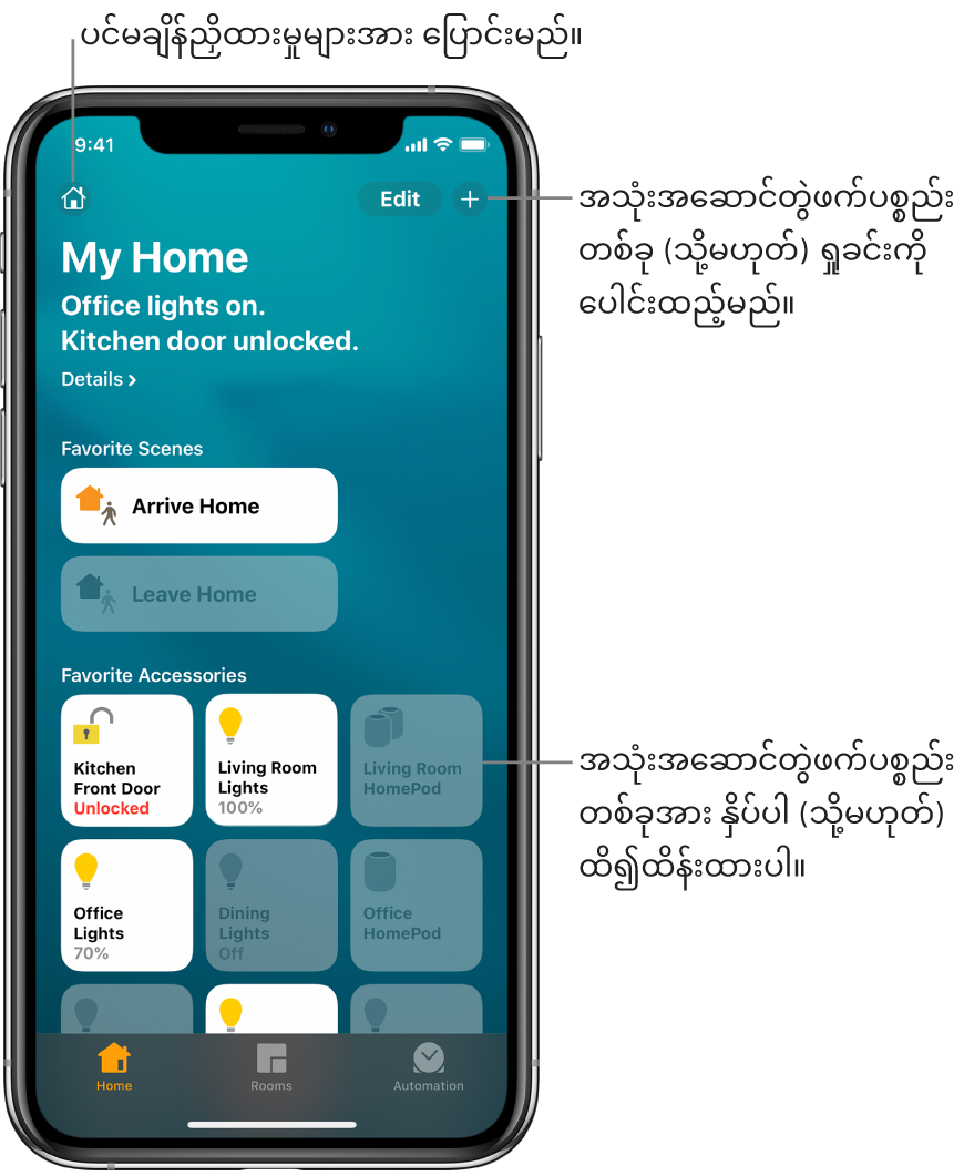 ထို Home စာမျက်နှာသည်၊ အကြိုက်ဆုံးများအနေဖြင့်မှတ်သားထားသည့်ရှုခင်းများနှင့်ဆက်စပ်ပစ္စည်းများကိုပြနေသည်။ Home စာမျက်နှာ၏အခြေအနေအကျဉ်းချုပ်ကိုလည်းပြထားသည်။ အောက်ခြေတစ်လျှောက်ရှိအခြားစာမျက်နှာများသည်Rooms နှင့် Automation ဖြစ်သည်။