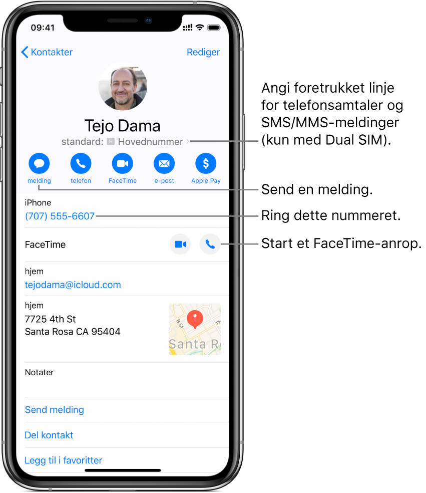 Infoskjermen for en kontakt. Kontaktens bilde og navn er øverst. Under finnes knapper for å sende en melding, starte et telefonanrop, starte et FaceTime-anrop, sende en e-postmelding og sende penger med Apple Pay. Under knappene er kontaktinformasjonen.