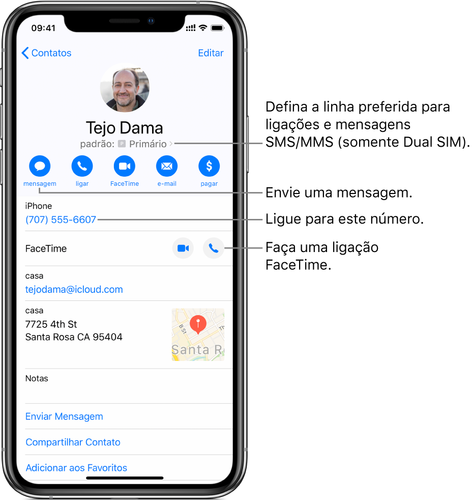 A tela de informações de um contato. Na parte superior encontra-se o nome e a foto do contato. Abaixo encontram-se os botões para enviar uma mensagem, fazer uma ligação telefônica, fazer uma ligação FaceTime, enviar uma mensagem de e-mail e enviar dinheiro com o Apple Pay. Abaixo dos botões encontram-se as informações de contato.