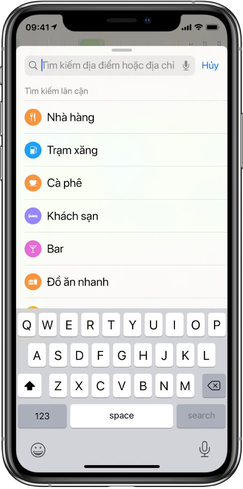 Một danh sách đang hiển thị sáu dịch vụ xuất hiện bên dưới trường tìm kiếm. Các dịch vụ gồm Nhà hàng, Trạm xăng, Cà phê, Khách sạn, Quán bar và Đồ ăn nhanh.