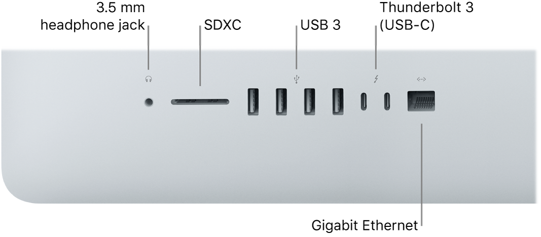 An iMac showing the 3.5 mm headphone jack, SDXC slot, USB 3 ports, Thunderbolt 3 (USB-C) ports, and Gigabit Ethernet port.