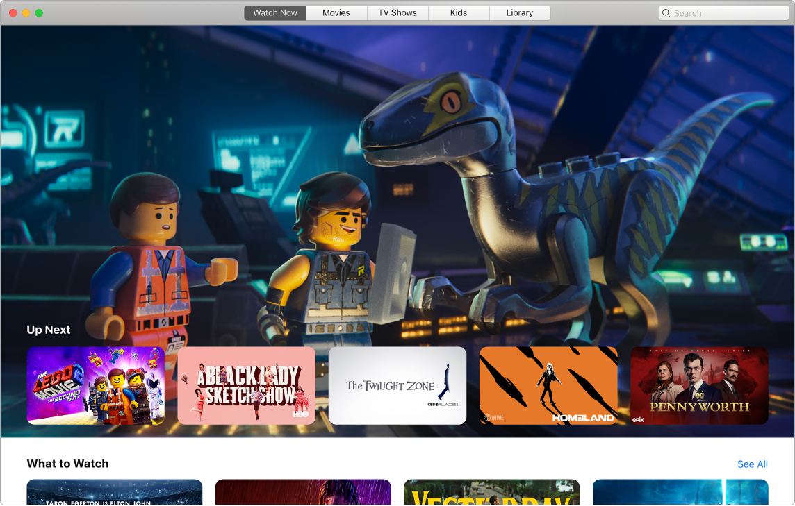 An Apple TV app window showing the Watch Now view.
