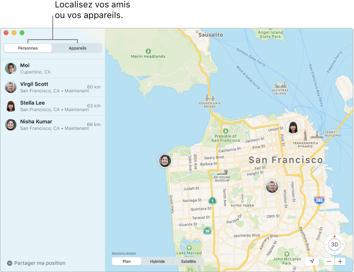 Vous pouvez localiser vos amis ou vos appareils en cliquant sur les onglets Personnes ou Appareils. Une carte de San Francisco avec les positions de trois amis : Virgil Scott, Stella Lee et Nisha Kumar.