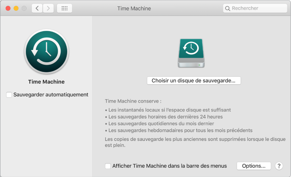 La fenêtre de sauvegarde Time Machine.