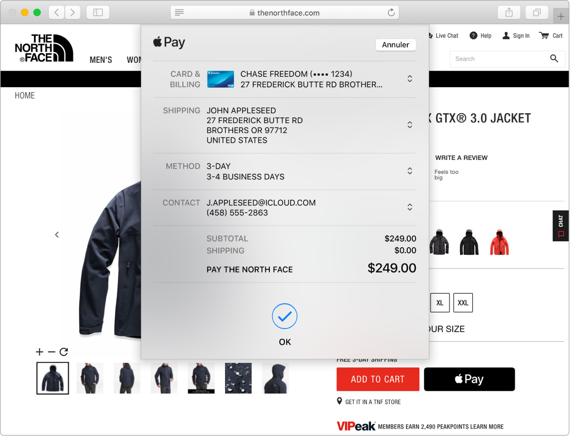 Écran d’un Mac affichant un achat en ligne en cours utilisant l’option Apple Pay dans Safari.