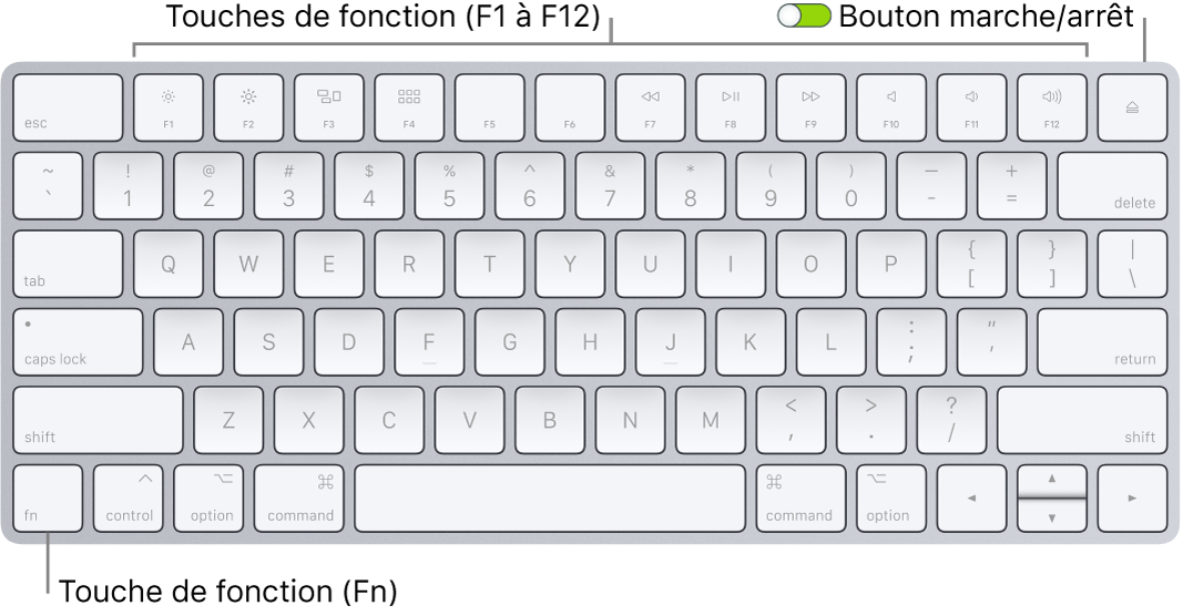 Magic Keyboard présentant la touche de fonction (Fn) dans le coin inférieur gauche et le bouton marche/arrêt dans le coin supérieur droit du clavier.