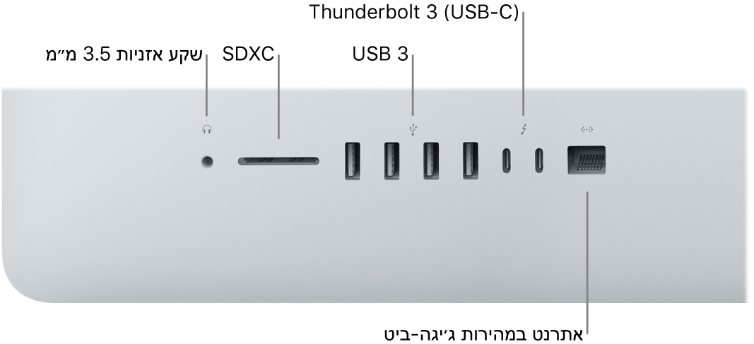 iMac מציג את מחבר האזניות של 3.5 מ״מ, חריץ SDXC, יציאות USB 3, יציאות Thunderbolt 3 (USB-C) ויציאת Gigabit Ethernet.