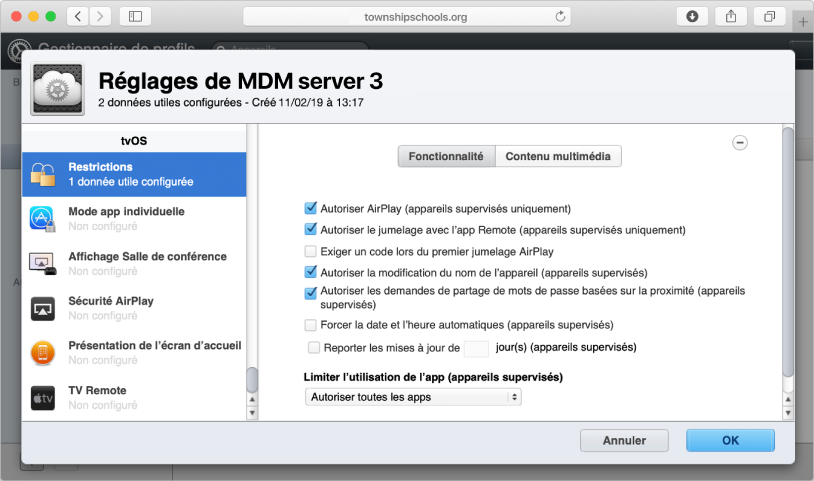 Les données utiles et les restrictions de l’Apple TV comprennent le report des mises à jour de logiciels et la définition de l’écran d’accueil.