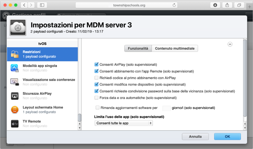 Le restrizioni e i payload Apple TV includono il posticipo degli aggiornamenti software e l'impostazione della schermata Home.