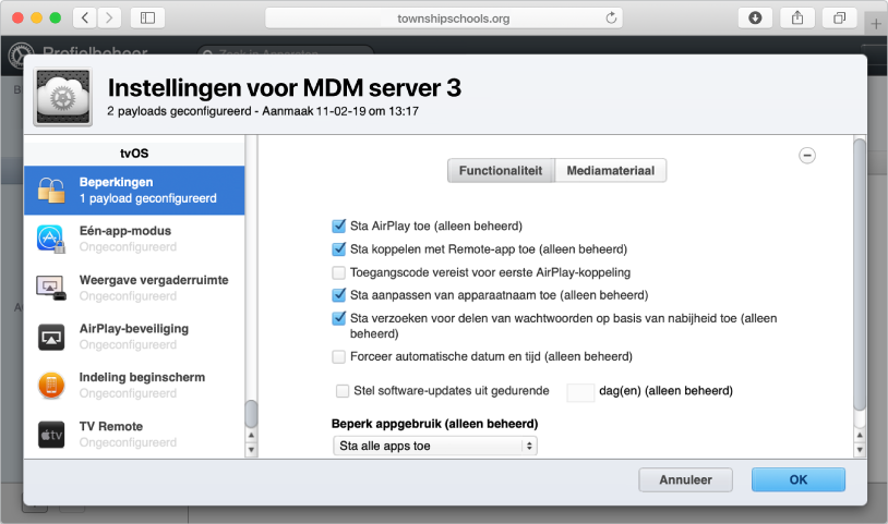 Met Apple TV-beperkingen en -payloads kun je onder andere software-updates uitstellen en het beginscherm instellen.