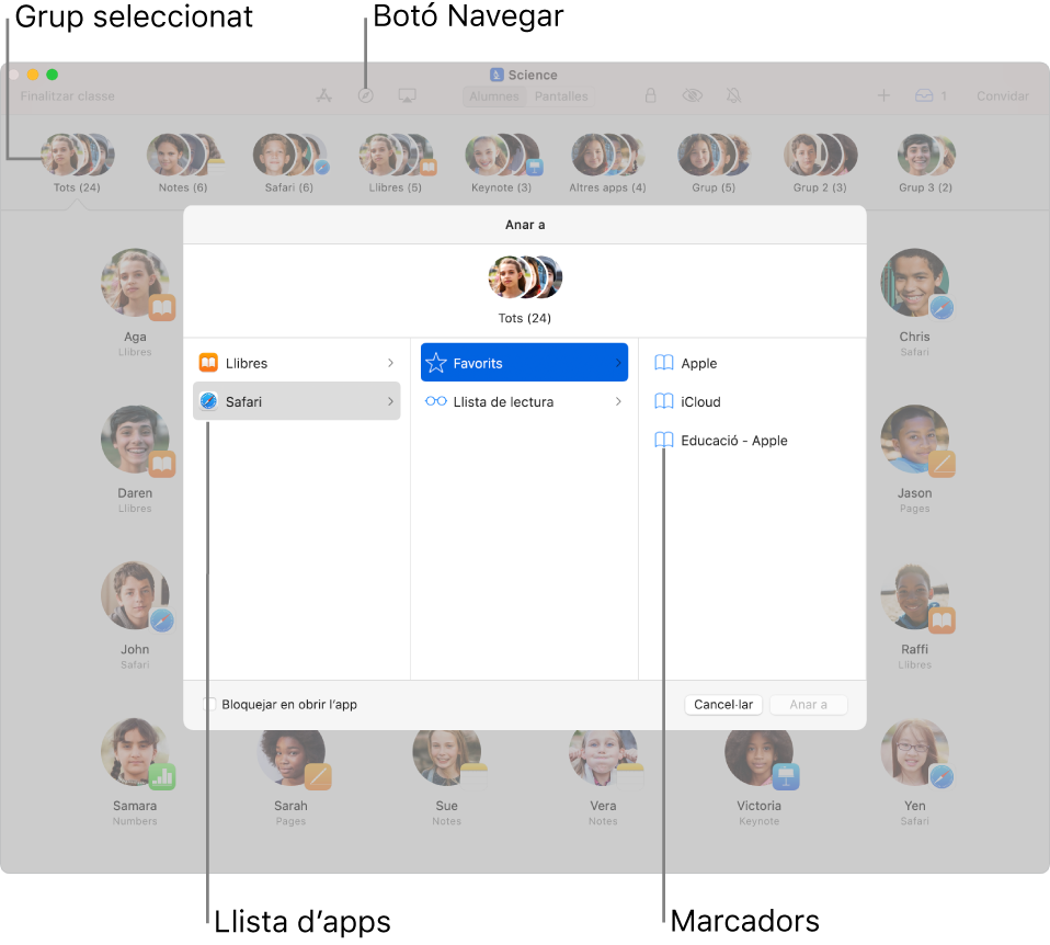 Una finestra de l’app Aula amb el botó Navegar destacat i un grup d’alumnes seleccionat. El tauler Navegació mostra dues destinacions: Llibres i Safari.