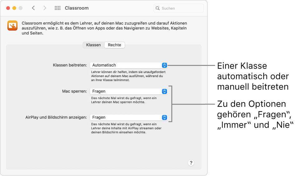 Darstellung für Schüler der in der App „Classroom“ festgelegten Berechtigungen, die ihnen zur Verfügung stehen.