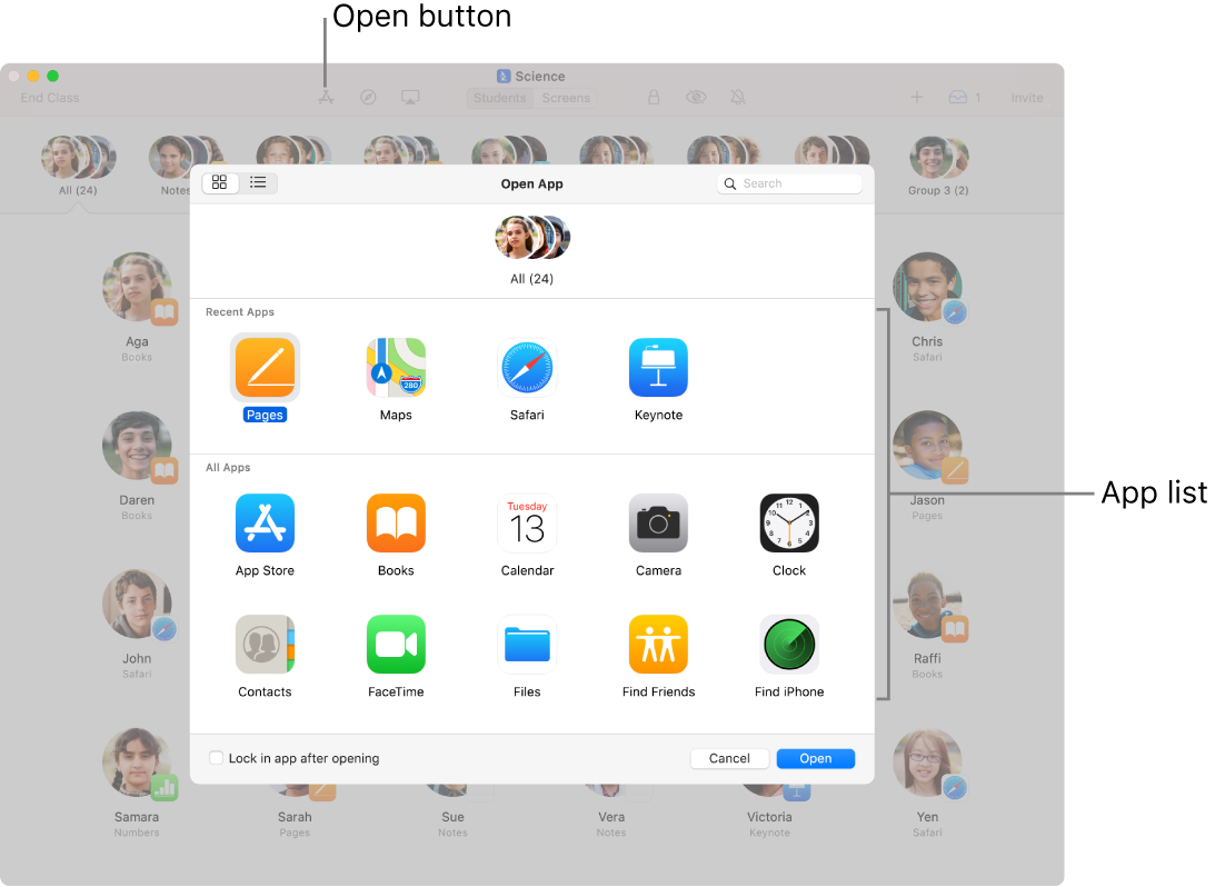 The Classroom window showing available apps that appear when you tap the Open.