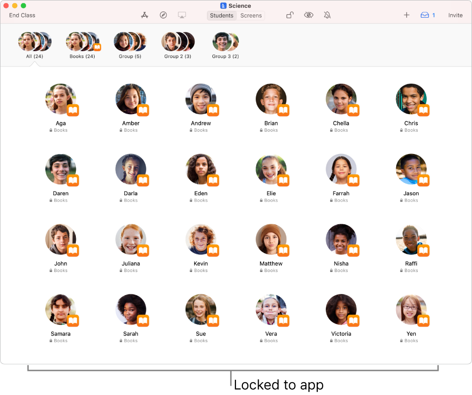 The Classroom window showing a group of students “locked” to an app.
