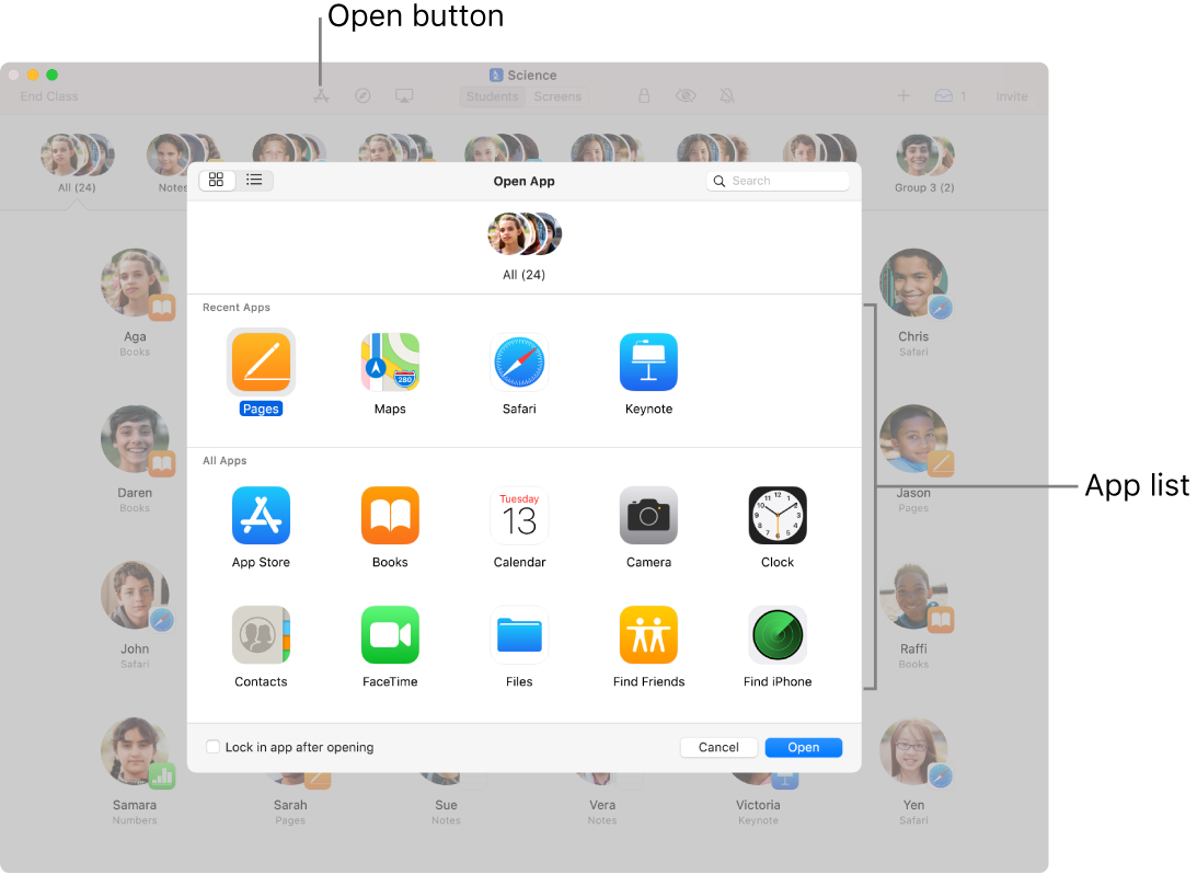 The Classroom window showing available apps that appear when you tap Open.