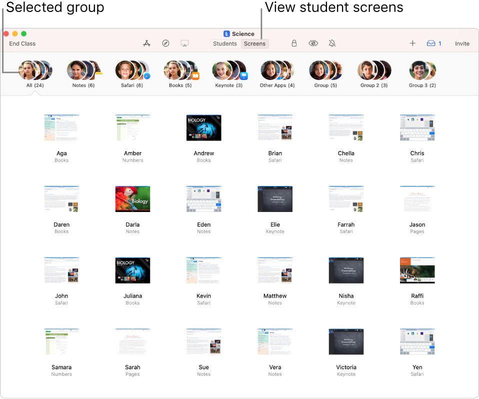 A Classroom window showing the Screens button selected in the row of actions and a selected group showing screens that can now be viewed.