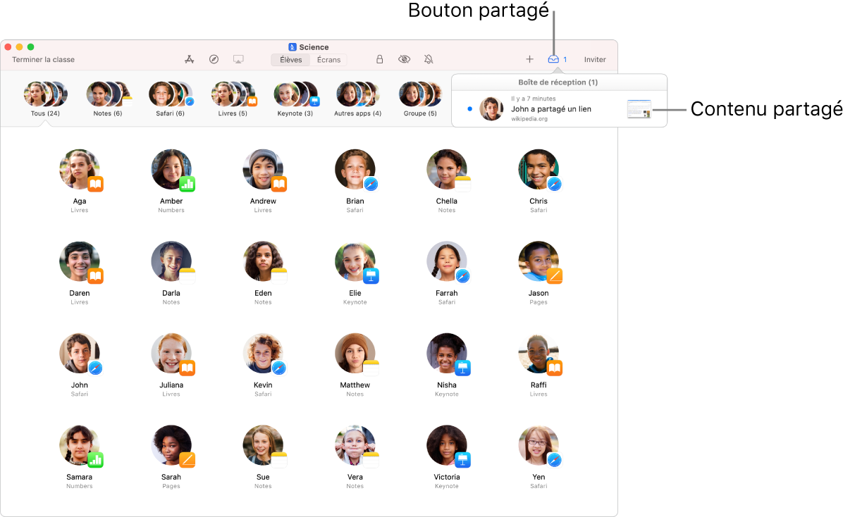 Vous pouvez afficher ce que les élèves partagent avec vous.