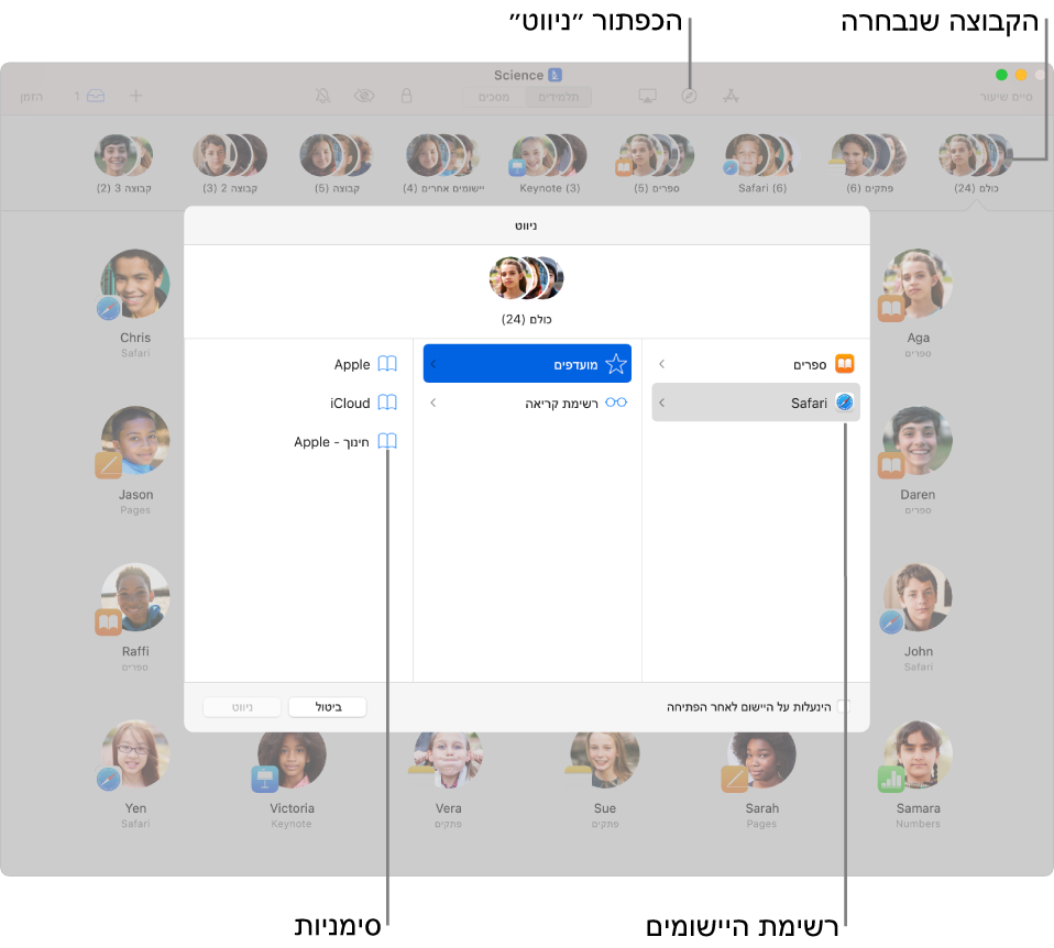 חלון של ״כיתת לימוד״ המציג בהבלטה את הכפתור ״ניווט״ וקבוצה נבחרת של תלמידים. חלונית הניווט מציגה שני יעדים לבחירה - ״ספרים״ ו-Safari.