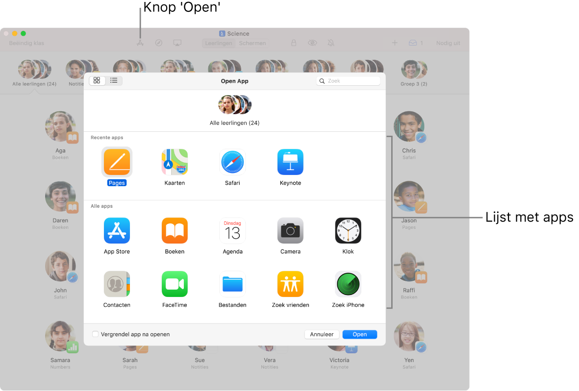 Het Klaslokaal-venster met de beschikbare apps die worden weergegeven wanneer je op 'Open' tikt.