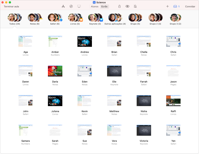A janela da aplicação Sala de Aula no Mac, com o botão Ecrãs destacado. O ecrã de cada aluno selecionado é apresentado na parte inferior do ecrã.