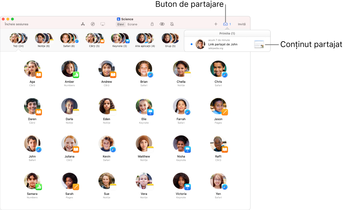Puteți vedea ce elevi partajează cu dvs.