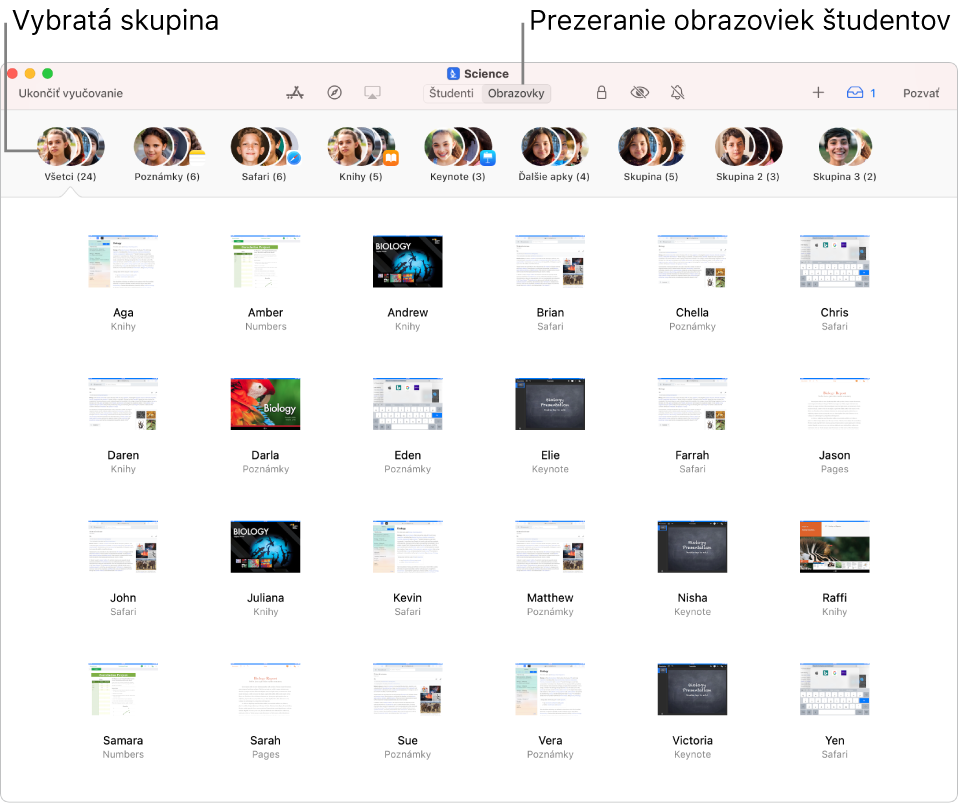 Okno apky Učebňa s označeným tlačidlom Obrazovky v riadku akcií a označenou skupinou obrazoviek, ktoré je momentálne možné prezerať.