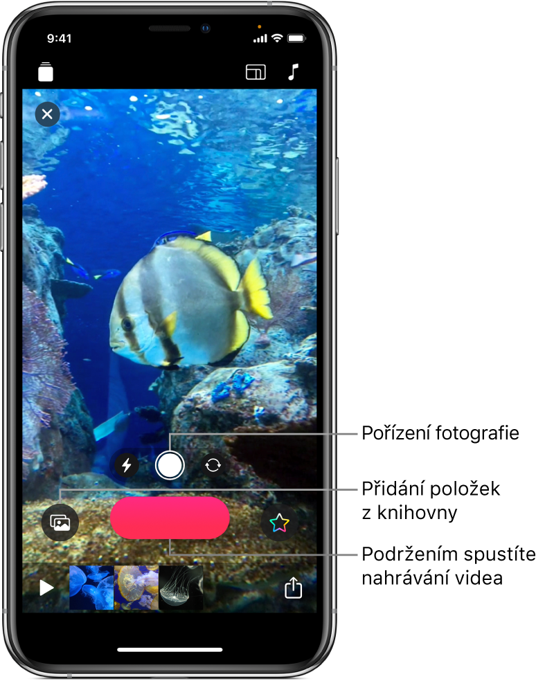 Snímek videa v prohlížeči s ovládacími prvky kamery, tlačítkem nahrávání a miniaturami klipů použitých v projektu zobrazenými níže