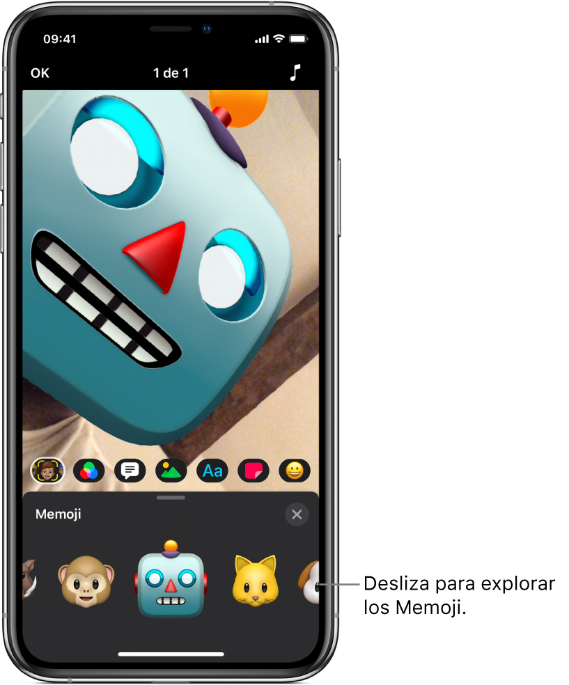 Una robot Memoji en el visor, con Memoji seleccionado y personajes de Memoji debajo.