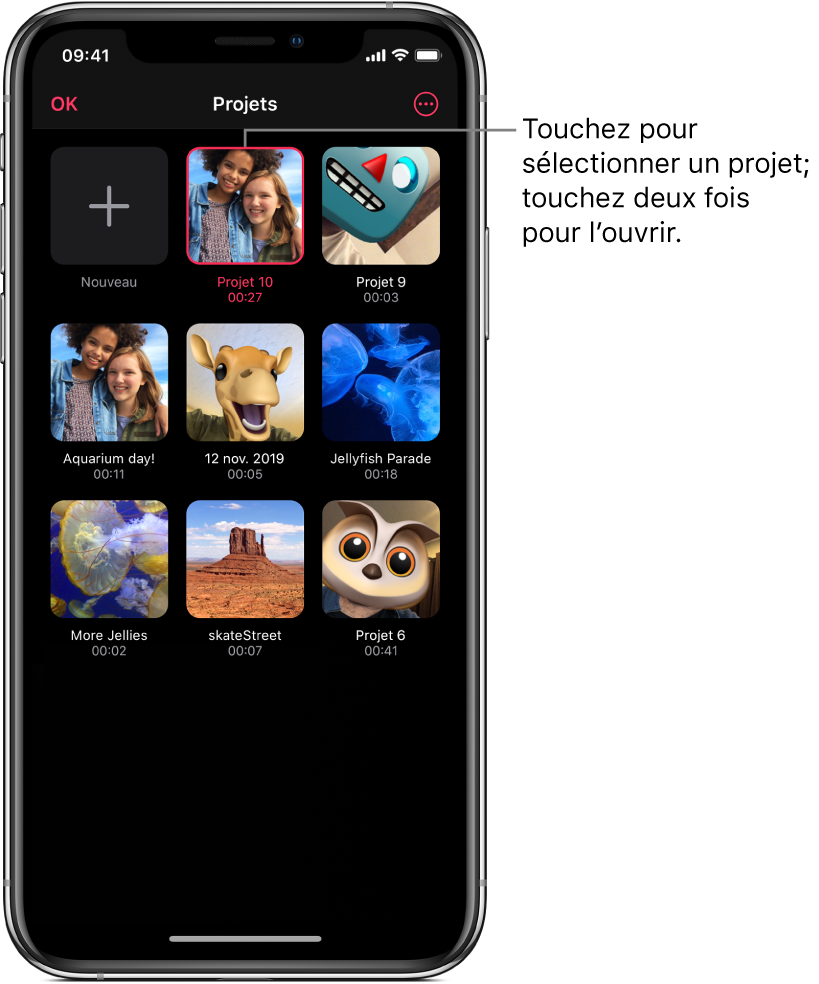 L’écran Projets qui affiche un bouton Nouveau et les vignettes des projets existants, ainsi qu’un bouton Plus d’options en haut à droite de l’écran.