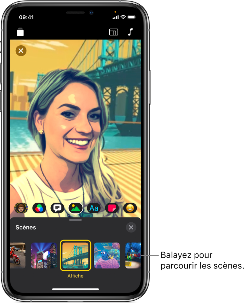 Image d’une scène en autoportrait dans le visualiseur, au-dessus des options de scène.