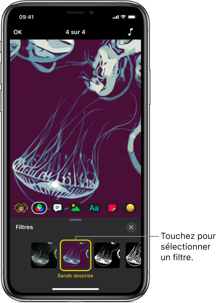 Une image vidéo dans le visualiseur, avec Filtres et le filtre « Bande dessinée » sélectionnés.