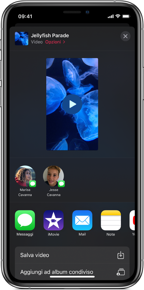 Opzioni di condivisione video, tra cui le persone suggerite per la condivisione.