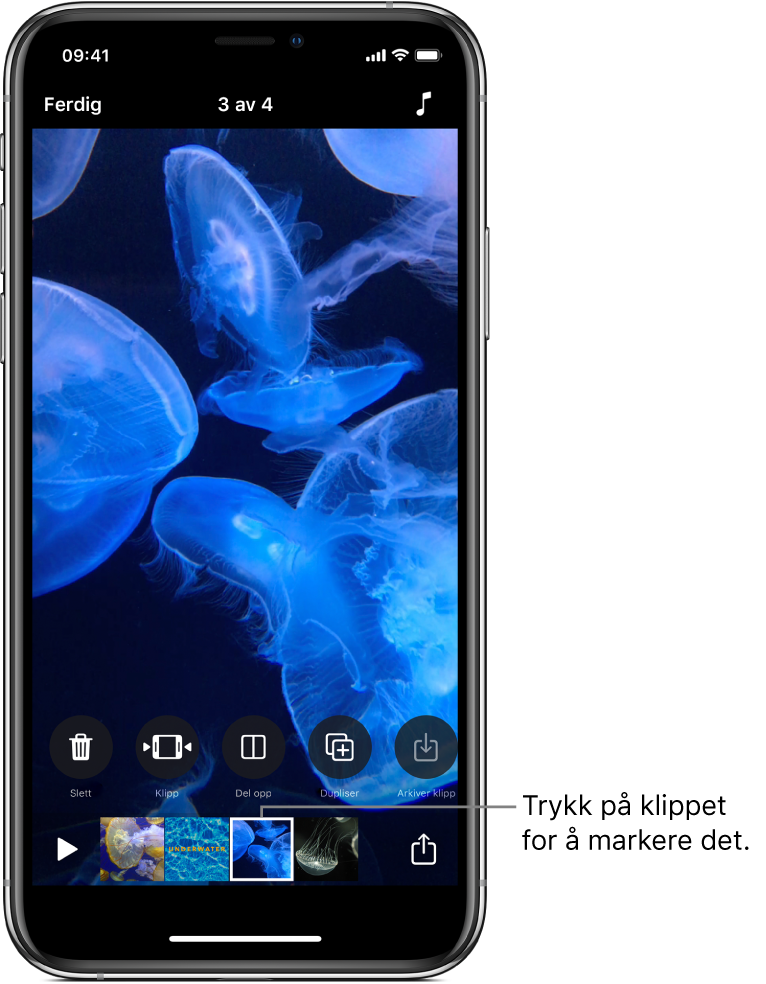 Et klipp markert i et prosjekt med en rad med knapper over for å slå slette, klippe, dele opp, duplisere og arkivere det markerte klippet.