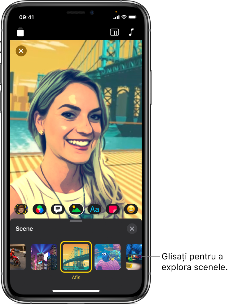 O scenă Selfie apare în vizualizor, cu opțiunile pentru scenă dedesubt.