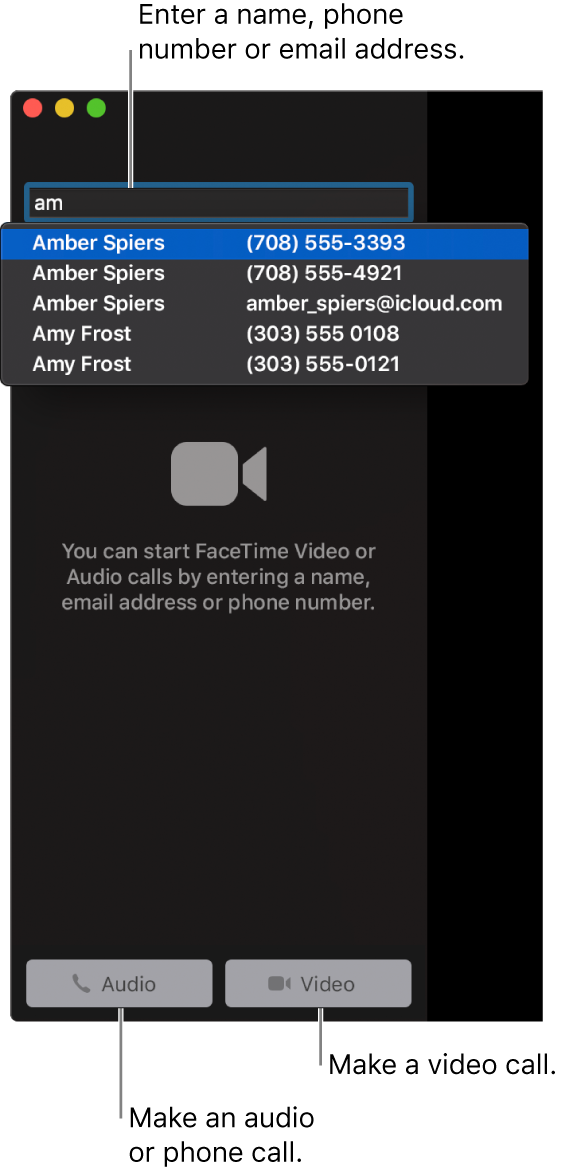 Enter a name, phone number or email address in the search bar. Click the Video button to make a FaceTime video call. Click the Audio button to make a FaceTime audio or phone call.