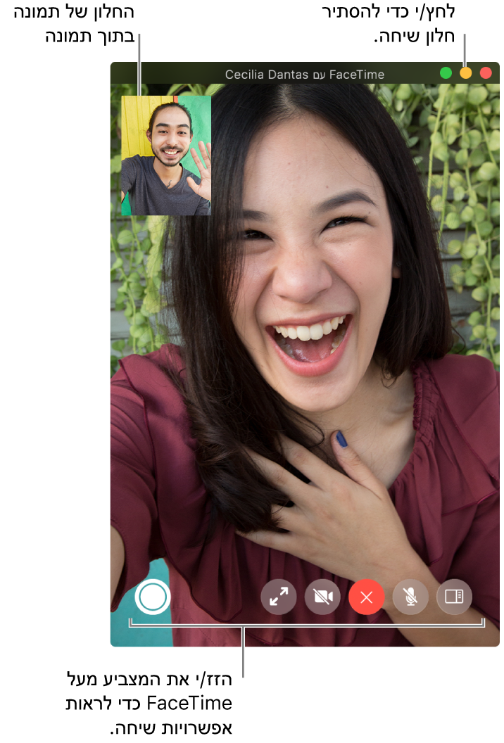 הזז/י את המצביע מעל החלון של FaceTime כדי לראות אפשרויות שיחה כגון ״סרגל הצד״, ״השתק״, ״סיים את השיחה״, ״השתק וידאו״, ״מסך מלא״ וכפתורי Live Photo. לחץ/י על הכפתור האמצעי בפינה הימנית העליונה כדי להסתיר את חלון השיחה. החלון שמציג תמונה בתוך תמונה מופיע בפינה השמאלית העליונה.