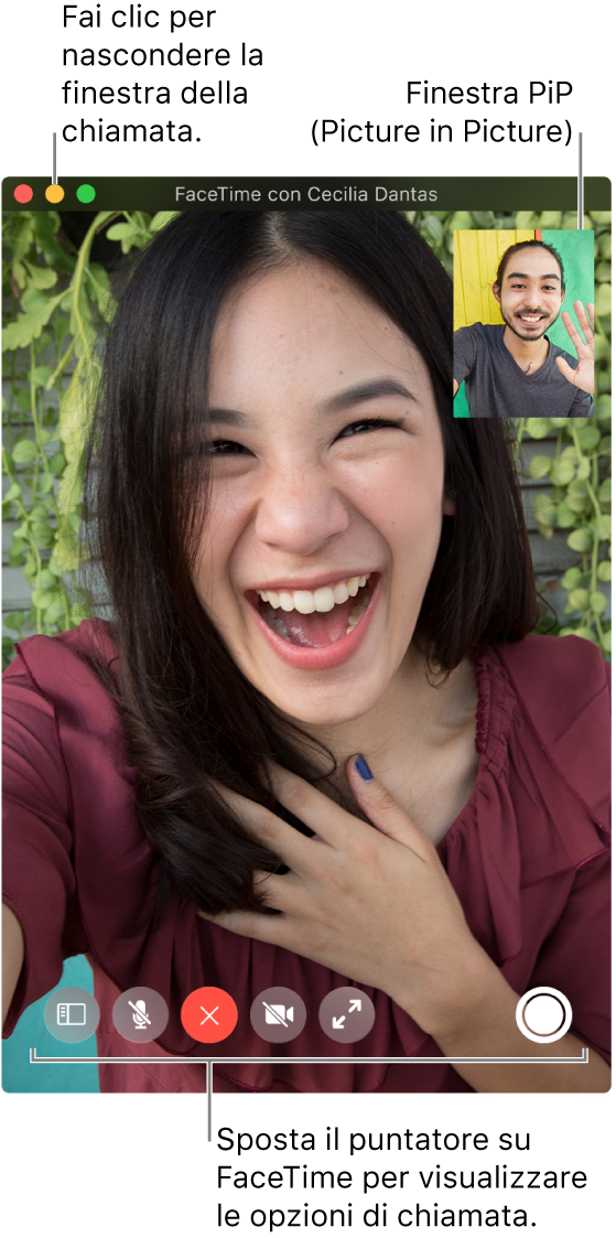Sposta il puntatore sulla finestra FaceTime per visualizzare le opzioni disponibili, tra cui i pulsanti “Barra laterale”, Muto, “Termina chiamata”, “Disattiva audio del video”, “A tutto schermo” e Live Photo. Fai clic sul pulsante centrale in alto a sinistra per nascondere la finestra della chiamata. La finestra PIP viene visualizzata nell'angolo superiore destro.