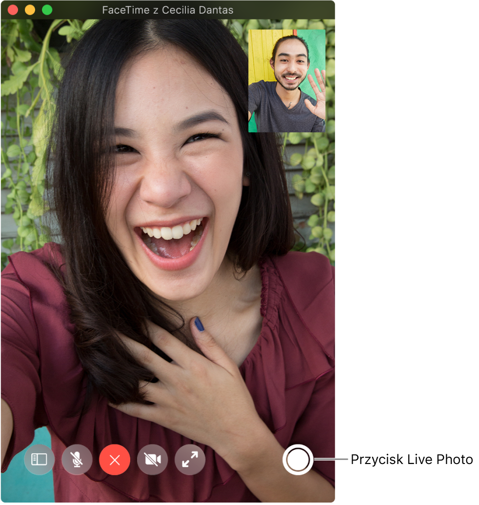 Przesuń wskaźnik nad okno FaceTime, aby zobaczyć przycisk Live Photo.