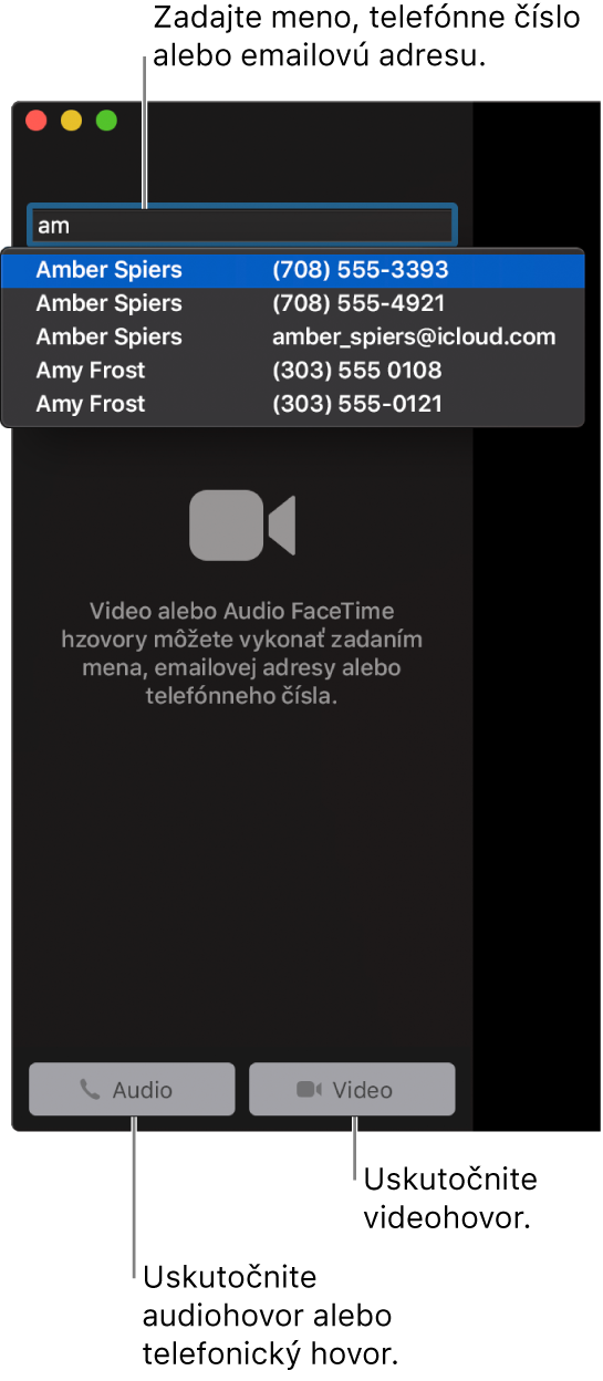 Do vyhľadávacej lišty zadajte meno, telefónne číslo alebo emailovú adresu. Ak chcete uskutočniť videohovor vo FaceTime, kliknite na tlačidlo Video. Ak chcete uskutočniť audiohovor vo FaceTime, kliknite na tlačidlo Audio.